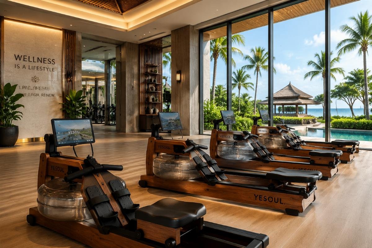 Custom water rowers in a luxury resort fitness center Water rowers arranged in a luxury resort fitness facility