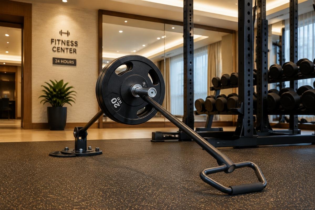 Customized landmine and T-bar setup in hotel gym environment Integrated landmine and T-bar row handle product installed in a hotel fitness area