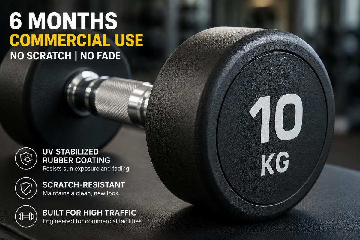 Durable rubber coated dumbbell coating for high-traffic facilities Close-up of UV-stabilized rubber coating on a 10kg dumbbell showing no scratch or fade after 6 months of commercial use