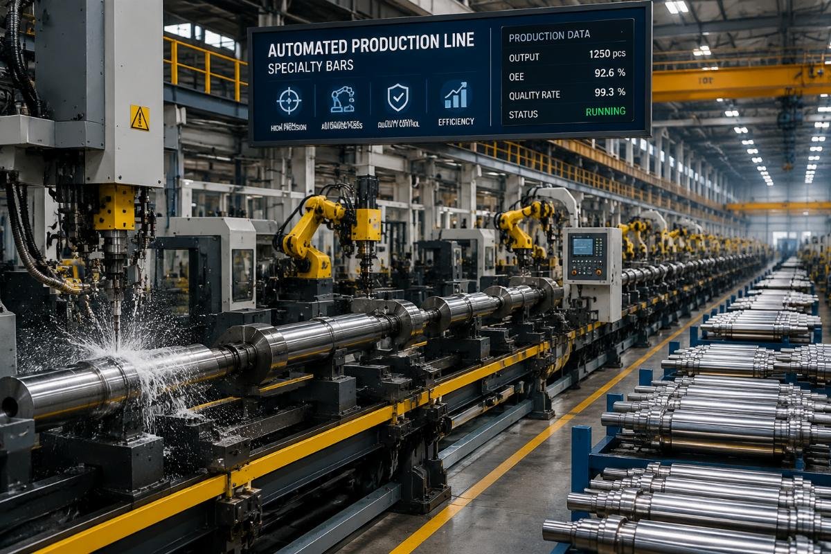 Efficient specialty bar production workflow Automated production line processing steel shafts for specialty bars