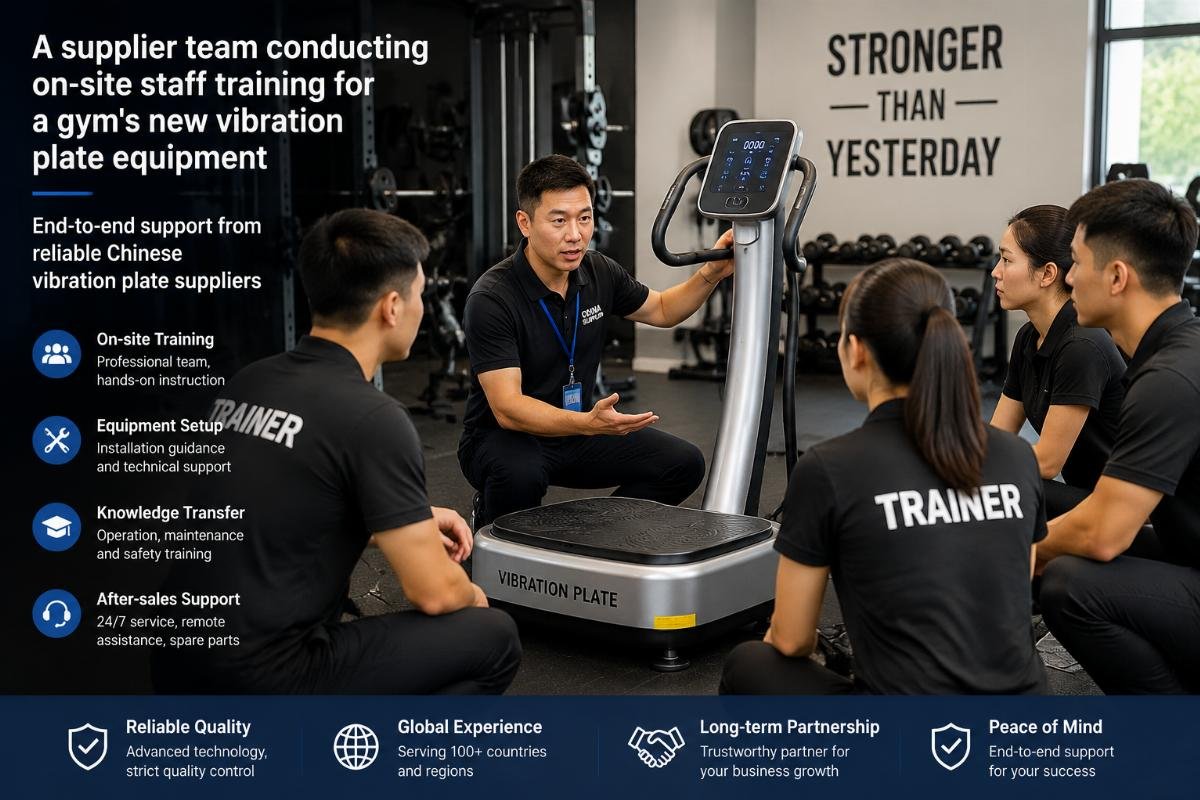 End-to-end support from reliable Chinese vibration plate suppliers A supplier team conducting on-site staff training for a gym's new vibration plate equipment