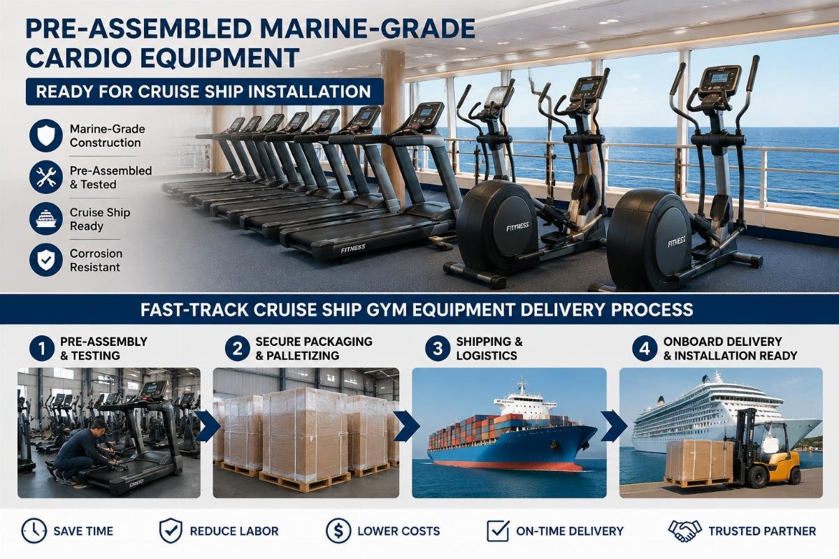 Fast-track cruise ship gym equipment delivery process Pre-assembled marine-grade cardio equipment ready for cruise ship installation