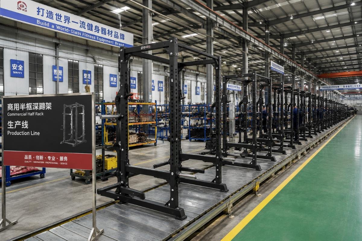 Fitness equipment manufacturing facility in China Commercial half rack production line in a China fitness equipment factory