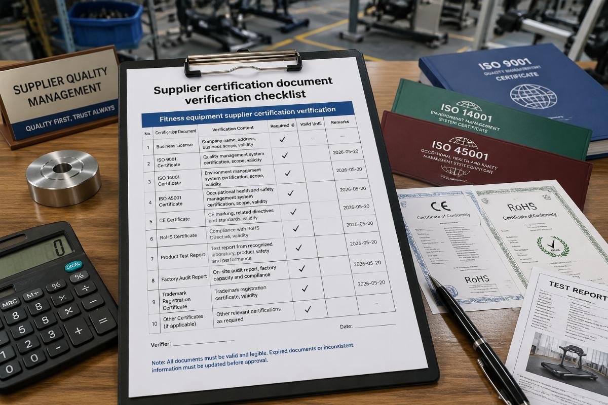 Fitness equipment supplier certification verification Supplier certification document verification checklist laid out on a factory desk
