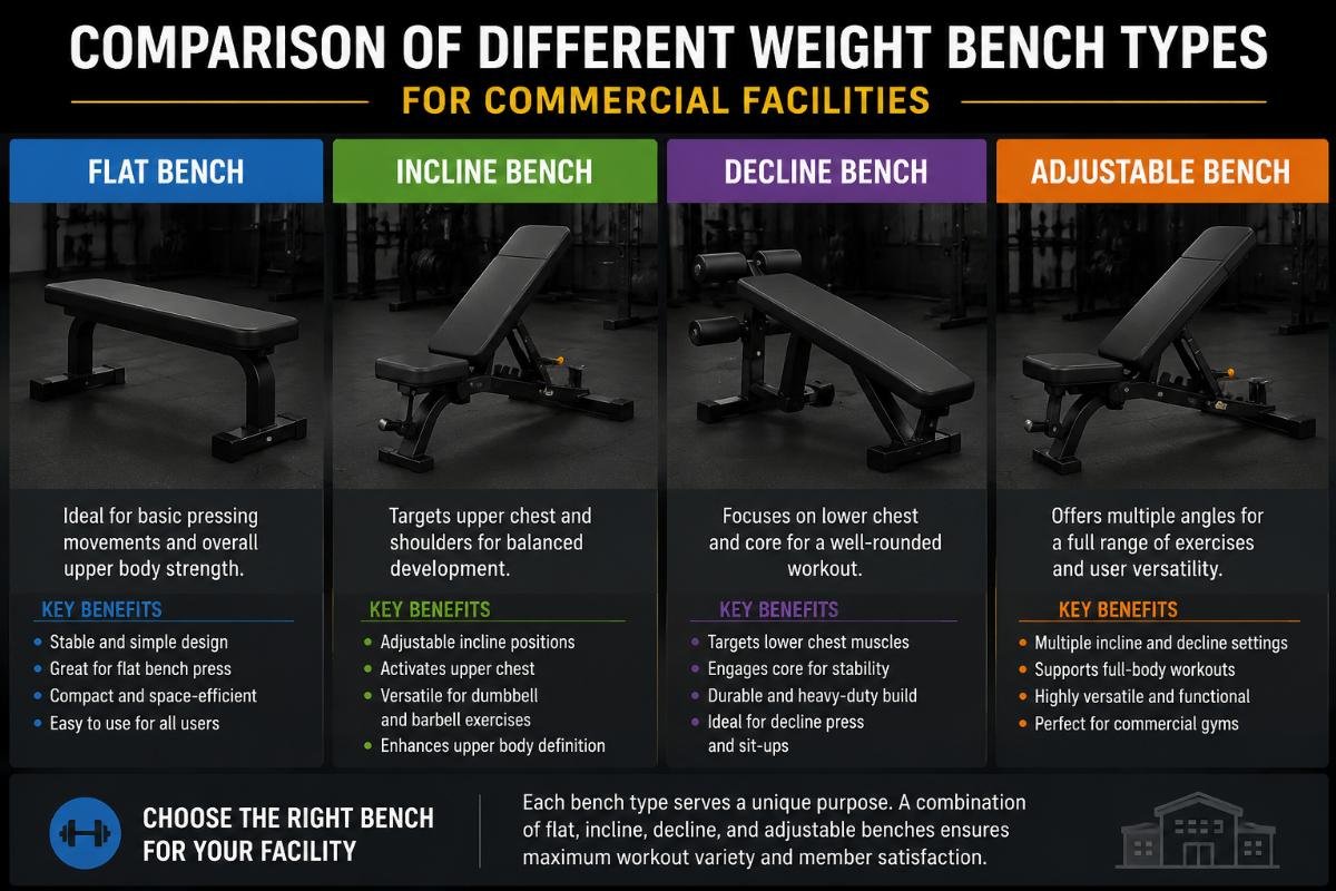 Flat, incline, decline and adjustable weight bench options Comparison of different weight bench types for commercial facilities