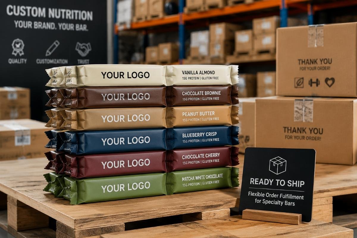 Flexible order fulfillment for specialty bars Stack of finished custom logo specialty bars ready for shipping
