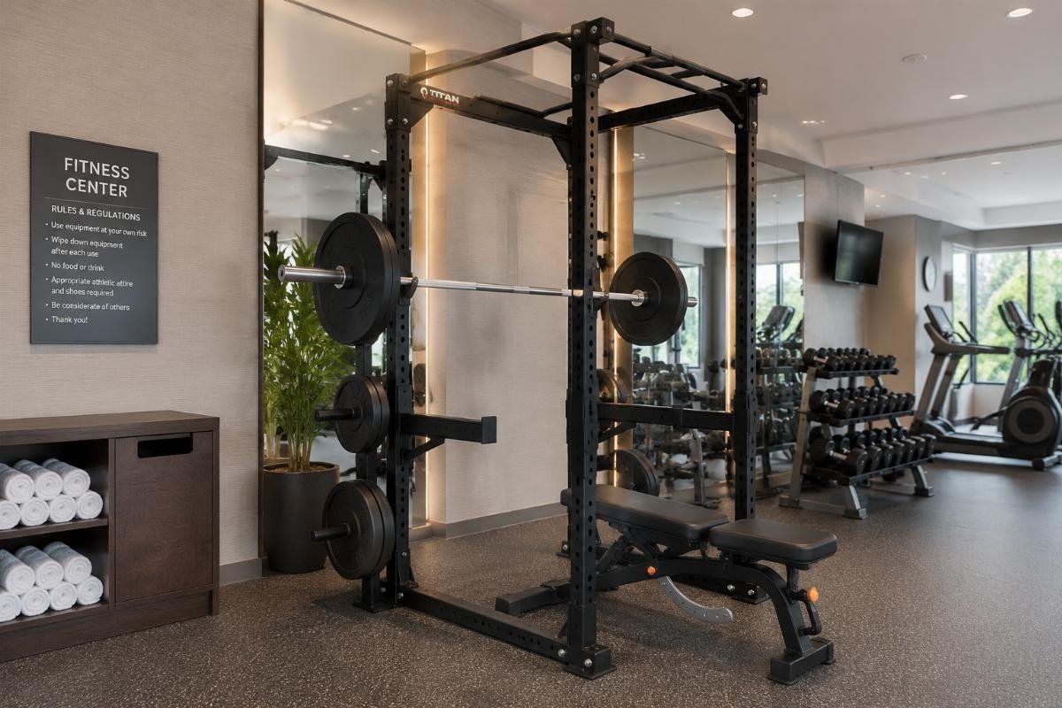 Free-standing commercial half rack in hotel gym Free-standing commercial half rack installed in a hotel fitness center