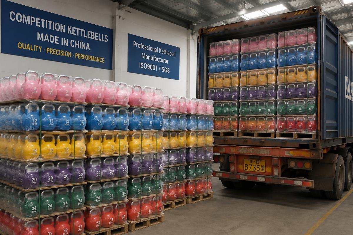 Full container load of competition kettlebells from Chinese manufacturers Warehouse storage of stacked competition kettlebells ready for container shipping