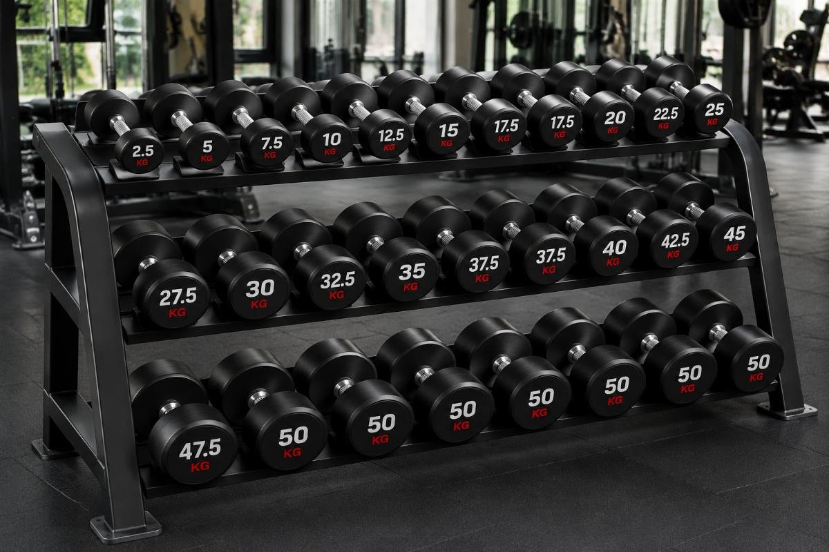 Full range 2.5kg to 50kg rubber coated dumbbell sets neatly arranged on a gym storage rack