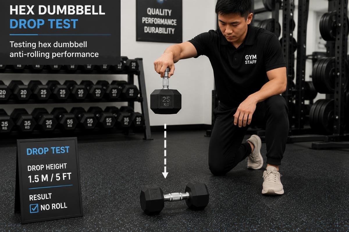 Hex dumbbell anti-rolling performance test Gym staff demonstrating hex dumbbell drop test on rubber gym flooring