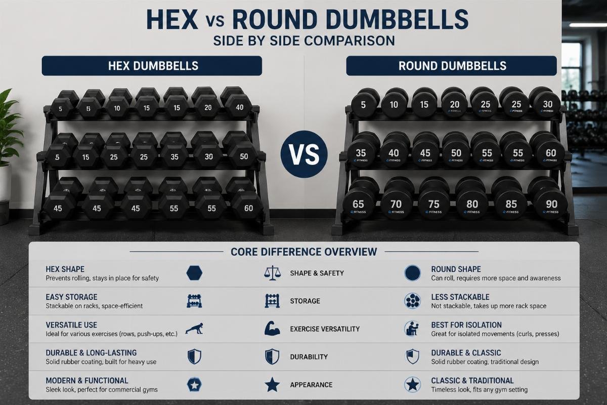 Side by side comparison of standard hex and round rubber coated dumbbells on a storage rack