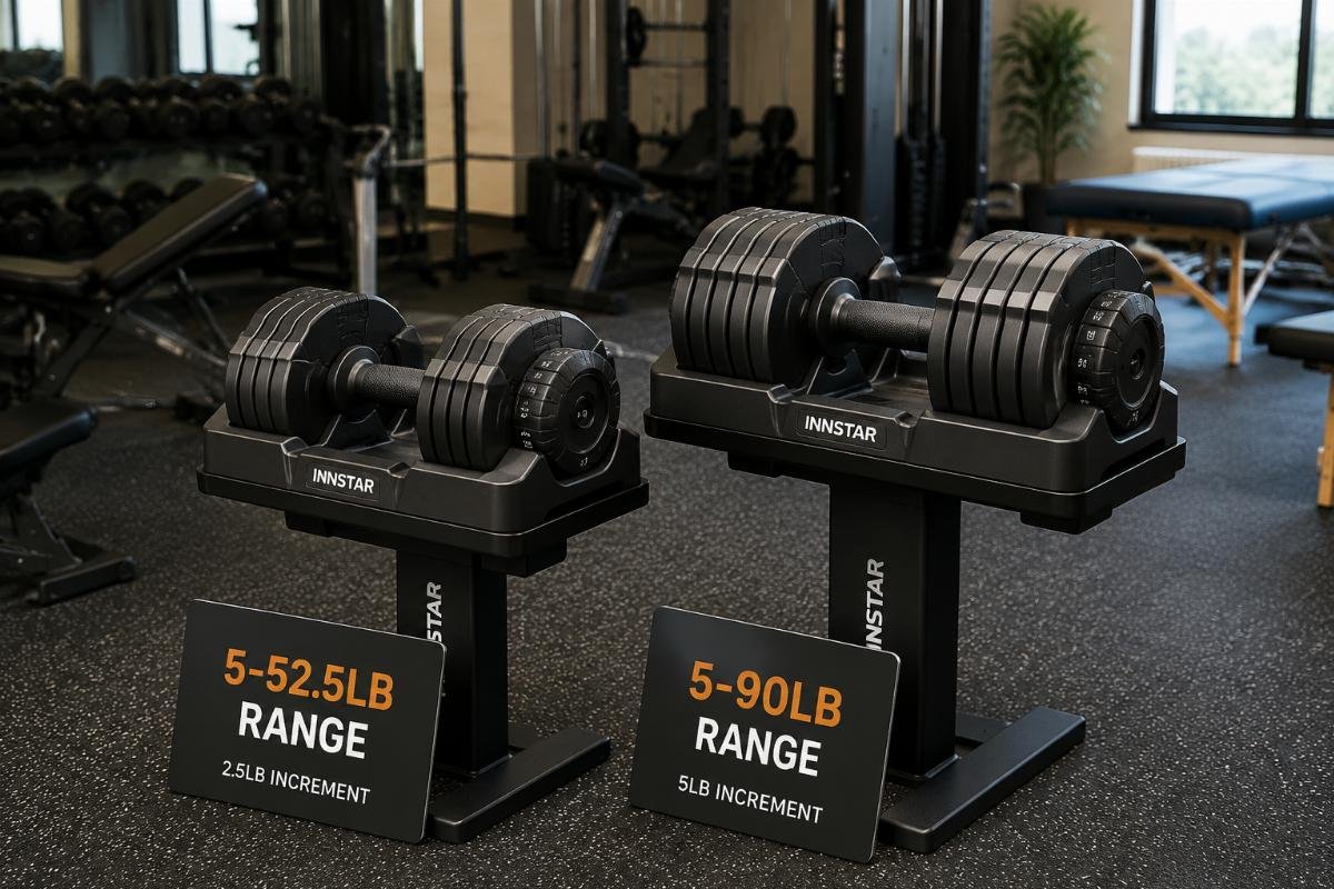 Adjustable dumbbells in 5-52.5lb and 5-90lb ranges displayed in a commercial gym setting