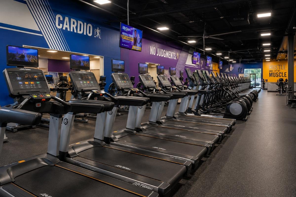 high-ROI cardio equipment for chain fitness centers A row of treadmills and ellipticals installed in a standard chain gym floor plan