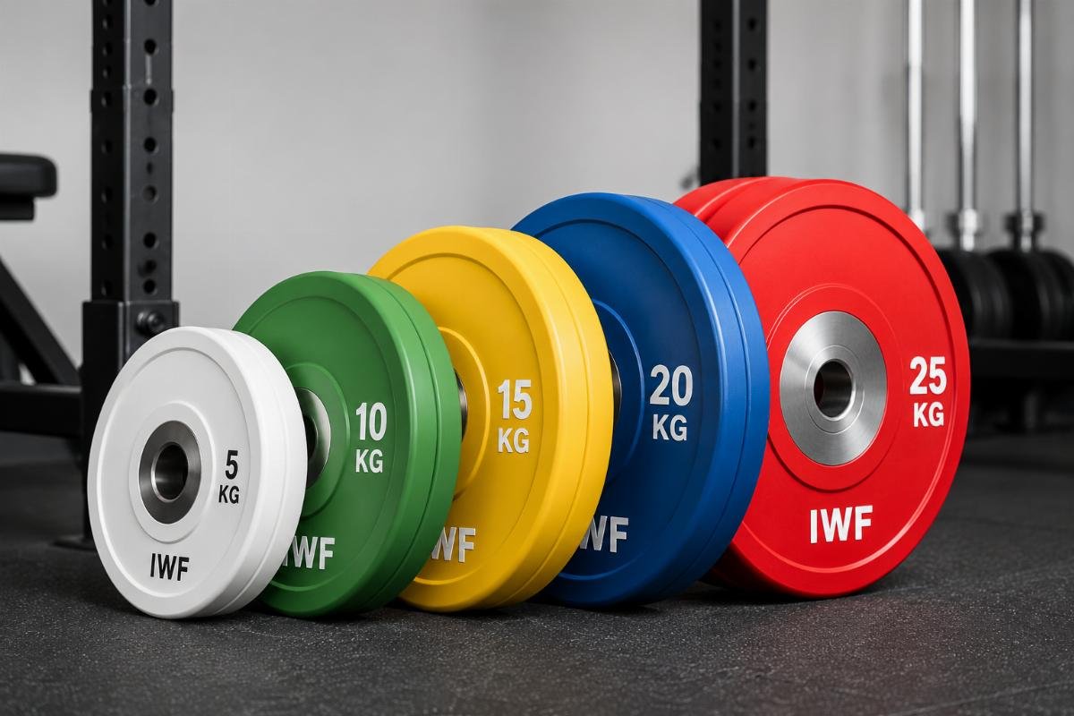 A stack of color-coded 5kg to 25kg IWF standard bumper plates arranged on a gym floor