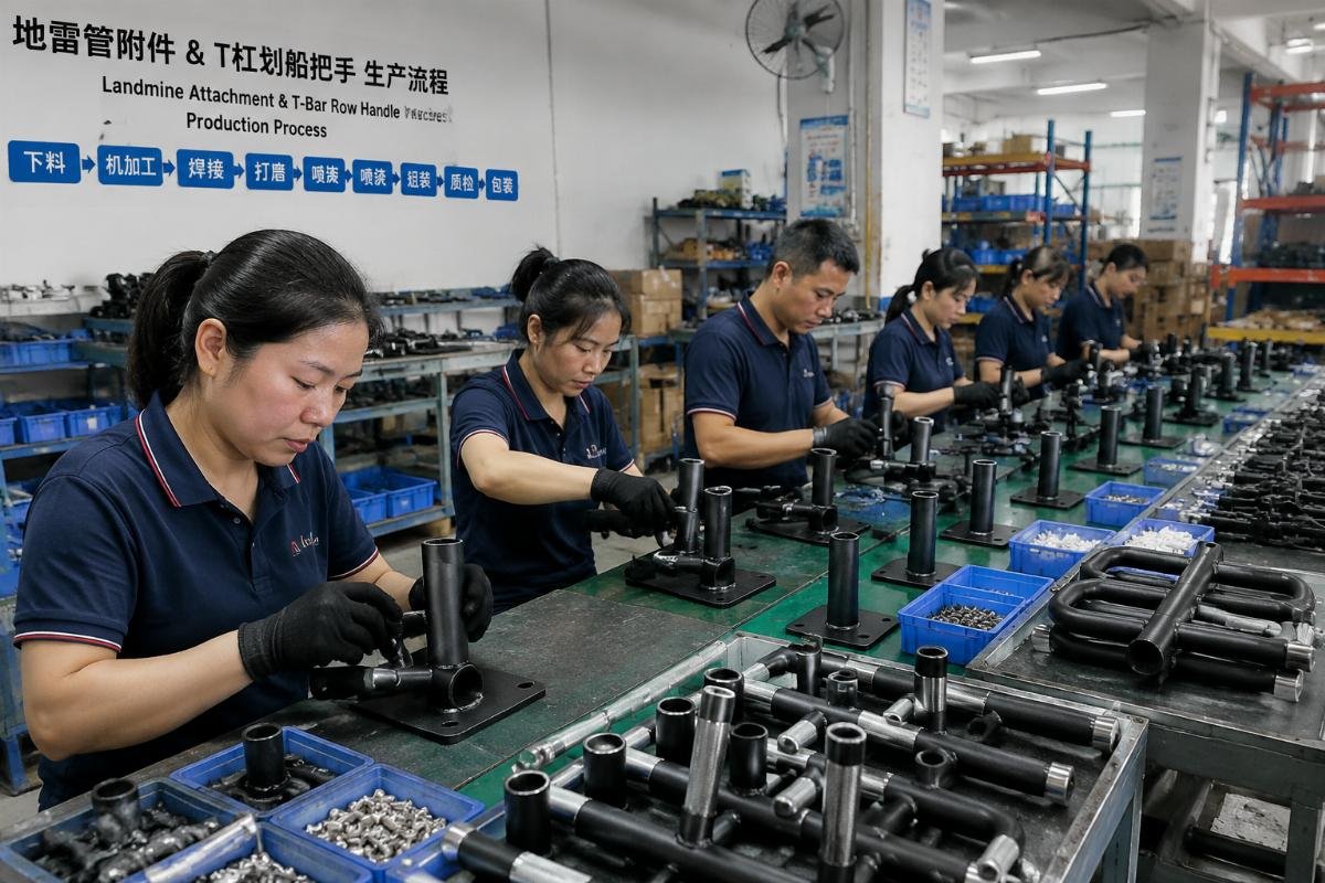 Landmine attachment and T-bar row handle production process at Chinese fitness factory Workers assembling finished landmine attachments and T-bar row handles on a production line