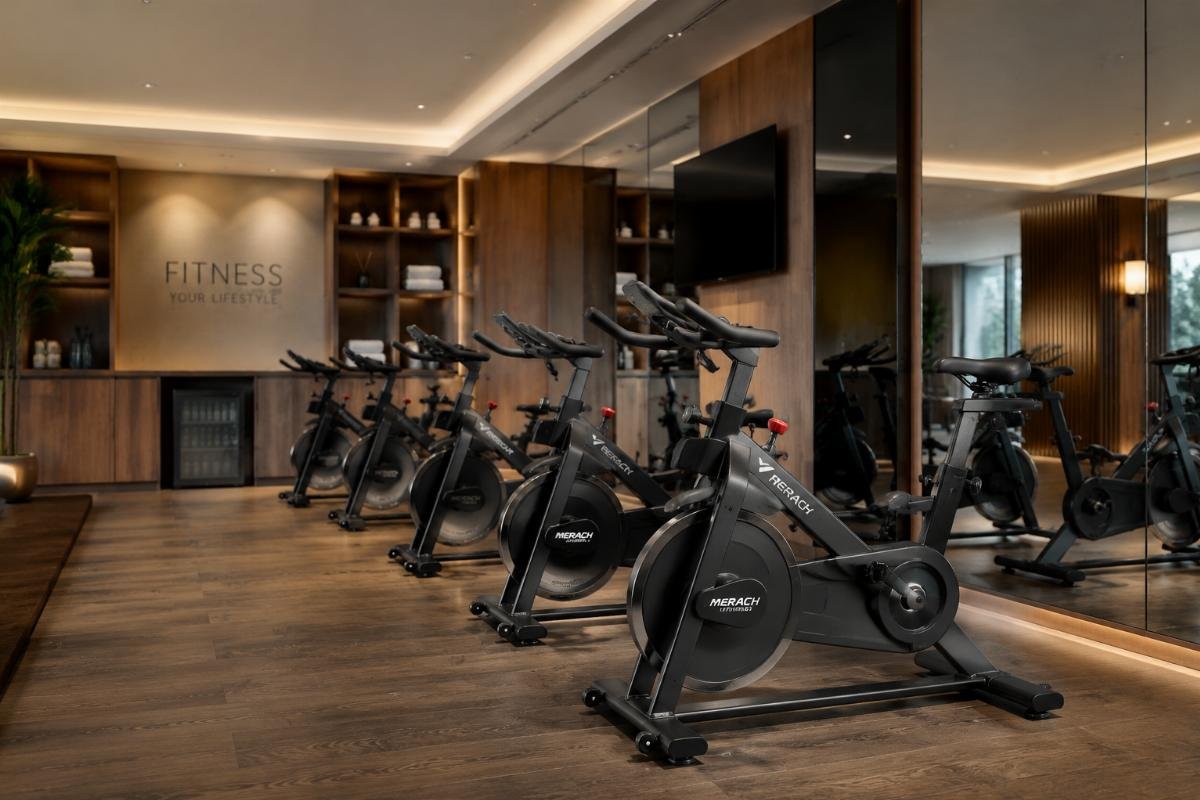 low noise commercial spin bike for hotels Commercial spin bike installed in a hotel fitness center matching interior design