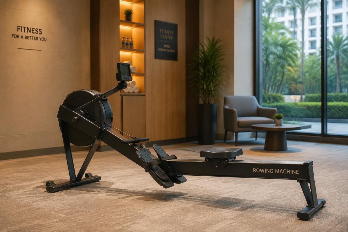 Low-noise rowing machine in a hotel fitness space A rowing machine installed in a quiet hotel fitness center
