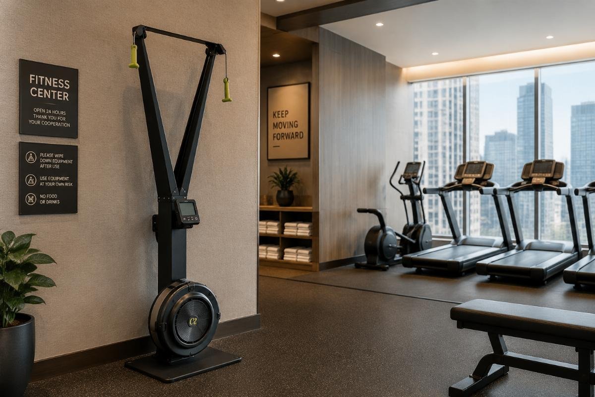 Low-noise ski erg for hospitality fitness spaces A compact low-noise ski erg installed in a hotel guest-facing fitness center