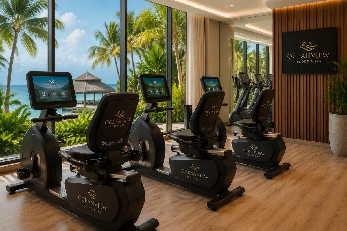 Luxury resort custom recumbent bike installation Custom branded recumbent exercise bikes installed in a luxury resort fitness center