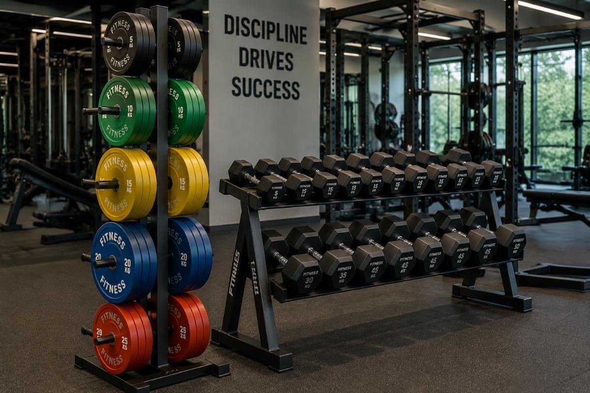 Neatly organized weight storage tree and dumbbell rack set holding dumbbells and bumper plates in a modern gym