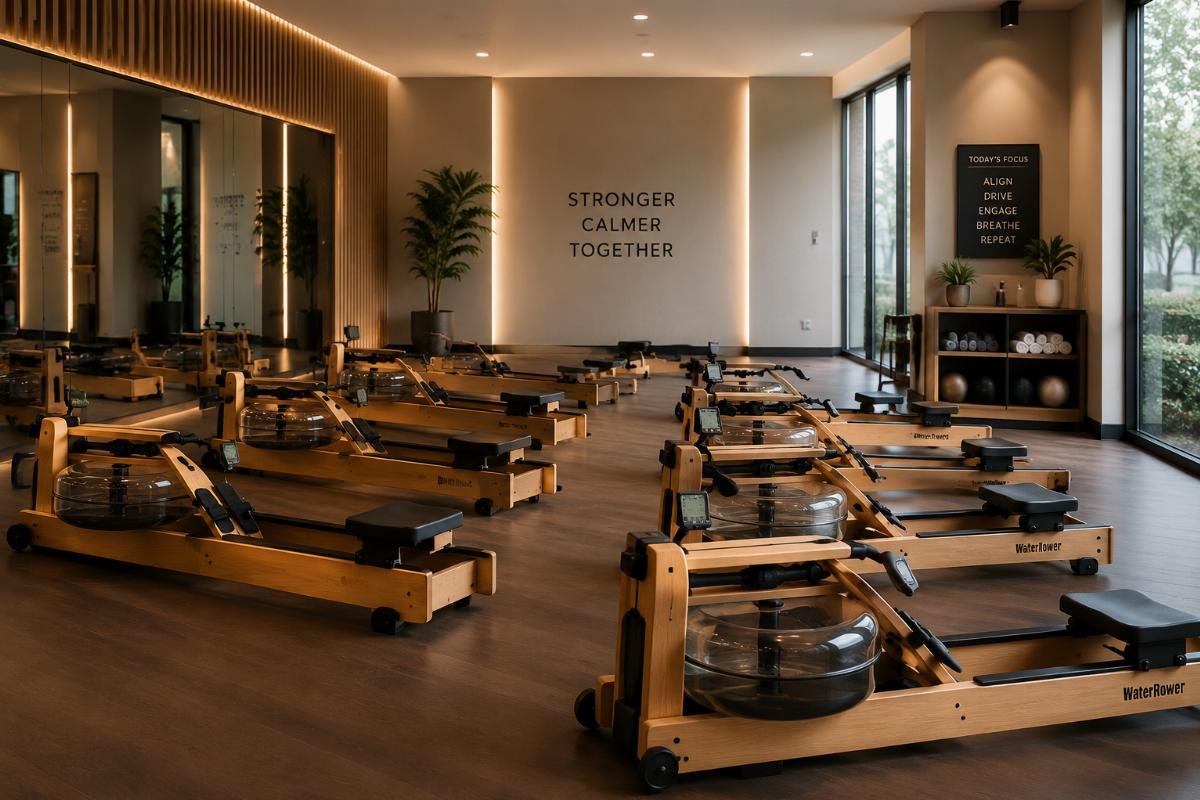 Matching wooden water rowers in boutique studio layout A set of matching wooden water rowers arranged in a modern boutique fitness studio