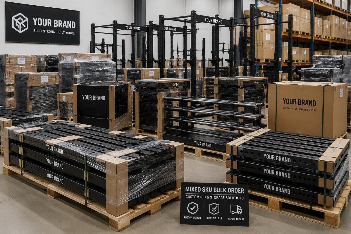 Mixed SKU bulk order of custom rig and storage solutions Custom branded rig and storage rack units in a distributor warehouse ready for shipment