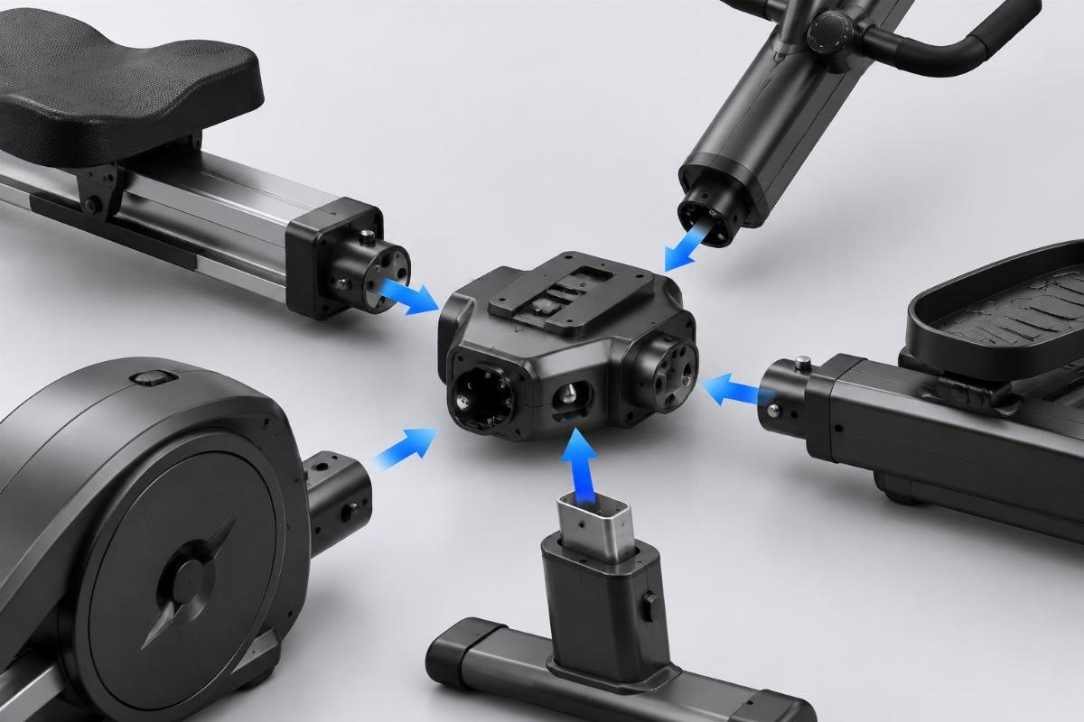 Modular cardio bundle component interchangeability Close up of interchangeable cardio components showing modular design structure