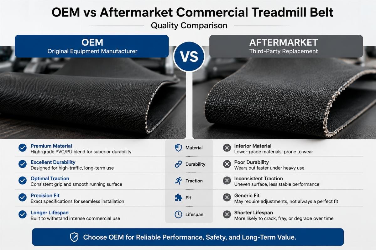 OEM vs aftermarket commercial treadmill belt quality comparison Side by side comparison of OEM and aftermarket commercial treadmill belt material samples