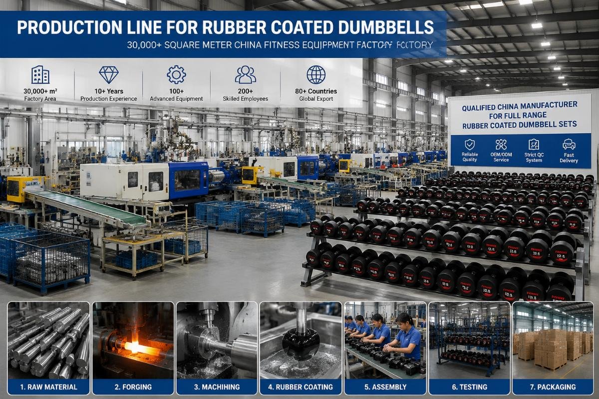 Qualified China manufacturer for full range rubber coated dumbbell sets Production line for rubber coated dumbbells in a 30000+ square meter China fitness equipment factory
