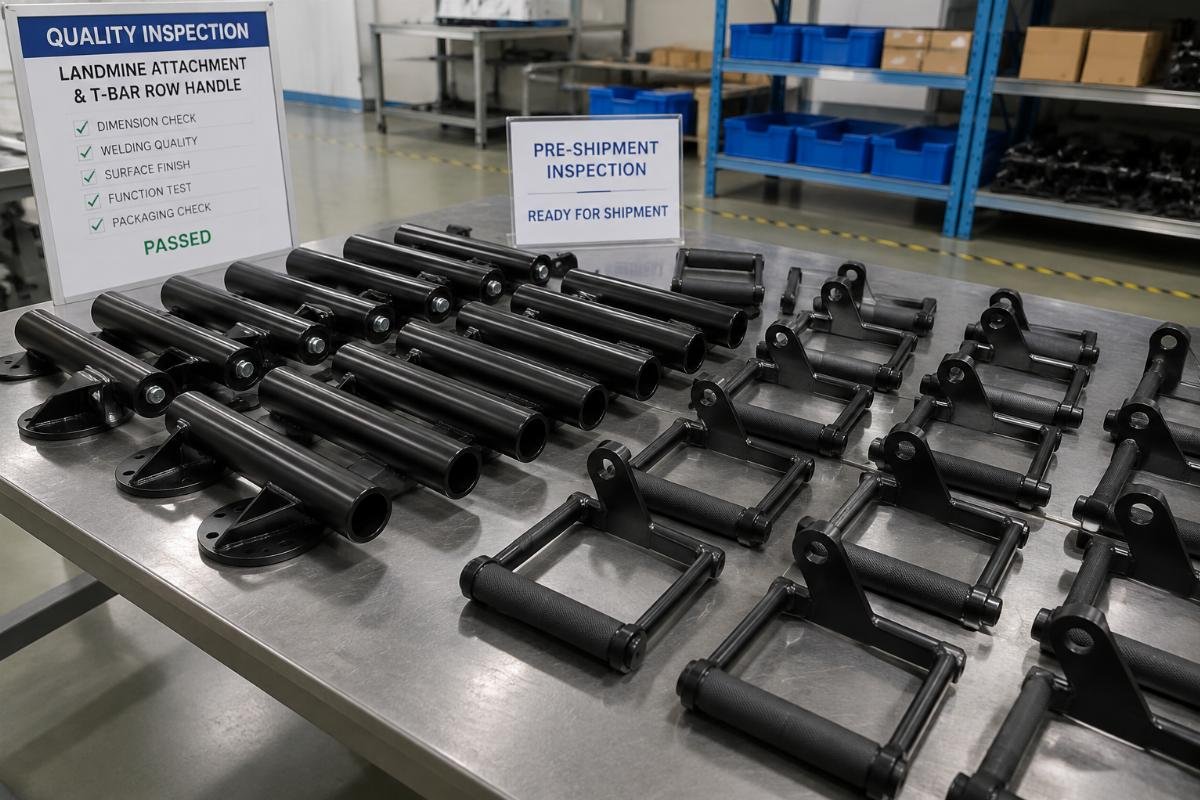 Finished landmine attachment and T-bar row handle samples placed on factory inspection table