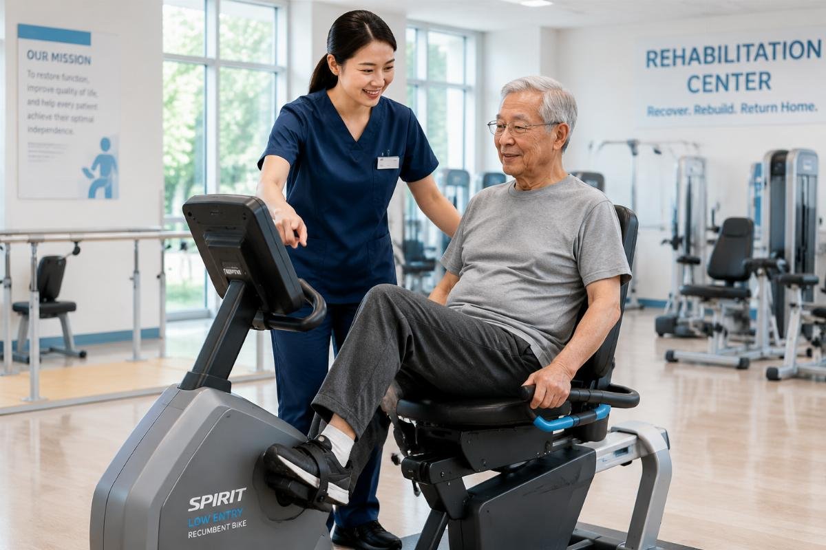 Recumbent bike for rehabilitation center clinical use A clinical staff member guiding a senior patient to use a low-entry recumbent bike in a bright rehabilitation center