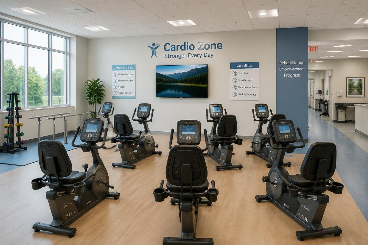 Rehabilitation center cardio zone layout A wide shot of a rehabilitation cardio zone with multiple recumbent bikes arranged for group therapy sessions