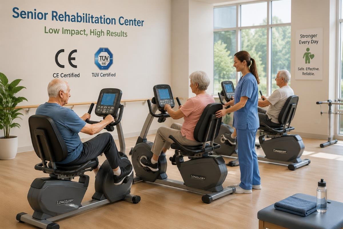 Rehabilitation center low impact recumbent bike setup CE and TüV certified recumbent exercise bikes in a senior rehabilitation center