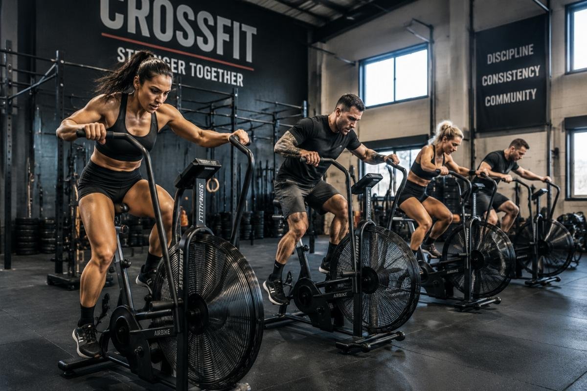 A group of members doing HIIT workouts on air bikes in a modern CrossFit facility