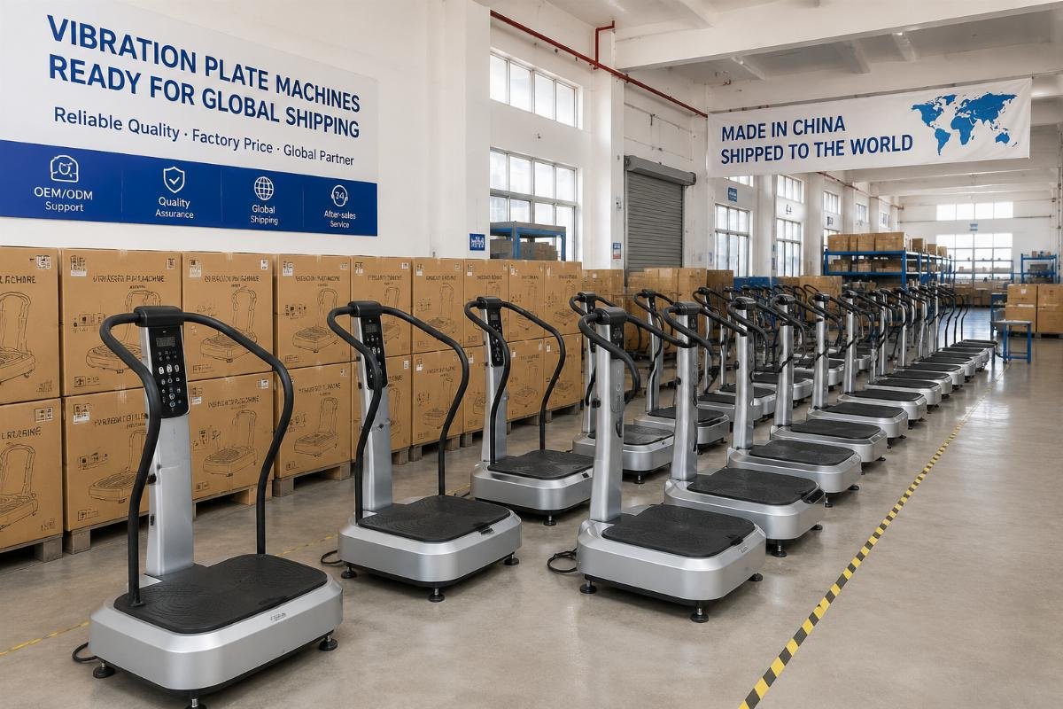 Vibration plate machines arranged in a clean factory warehouse, ready for shipping to global buyers