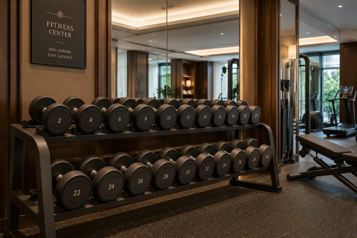 Round dumbbells in hotel gym setting Round dumbbells arranged neatly in a luxury hotel fitness center