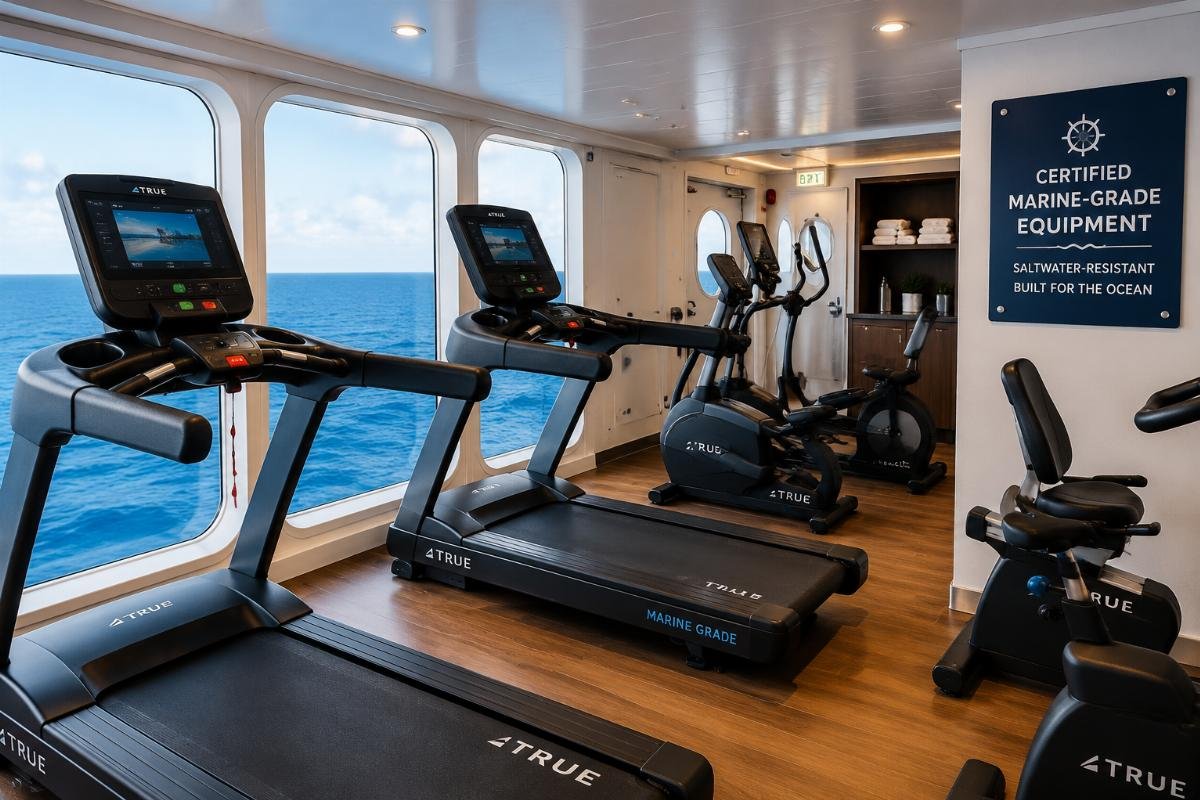 Certified marine-grade cardio equipment installed in a compact cruise ship gym