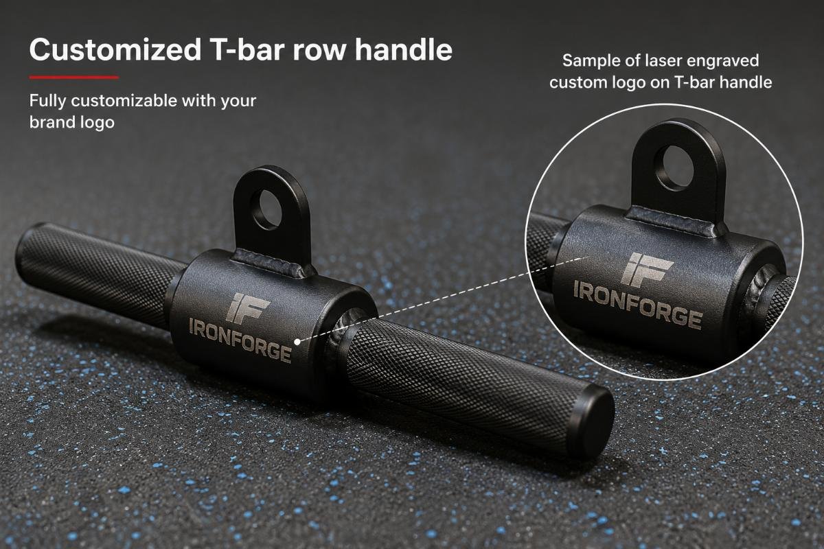 Sample of laser engraved custom logo on T-bar handle Customized T-bar row handle with laser engraved brand logo