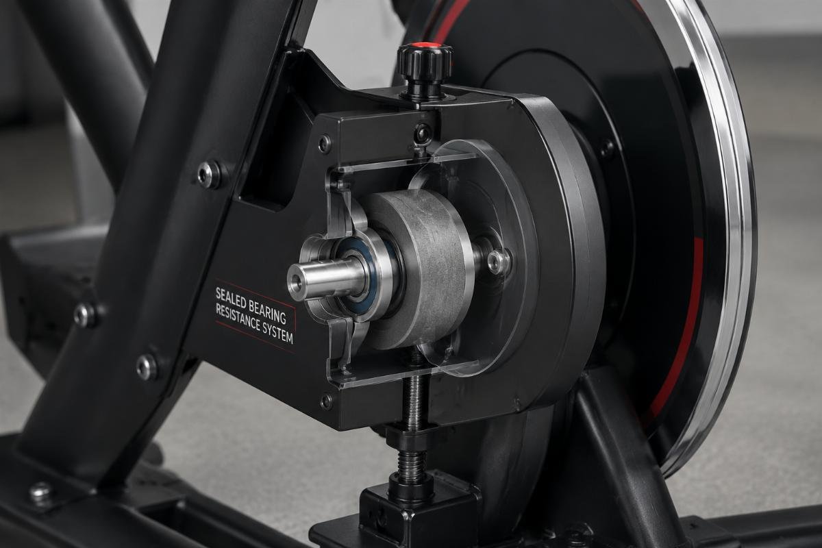 sealed bearing resistance system for spin bikes Close-up of a sealed bearing resistance system on a commercial spin bike