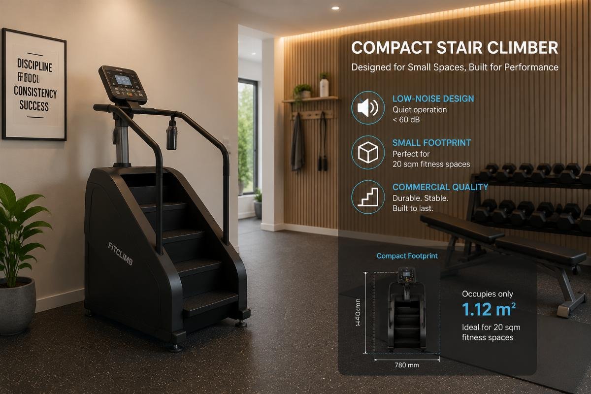 Small footprint stair climber for 20 sqm fitness spaces Compact commercial stair climber with low-noise design in a small residential gym