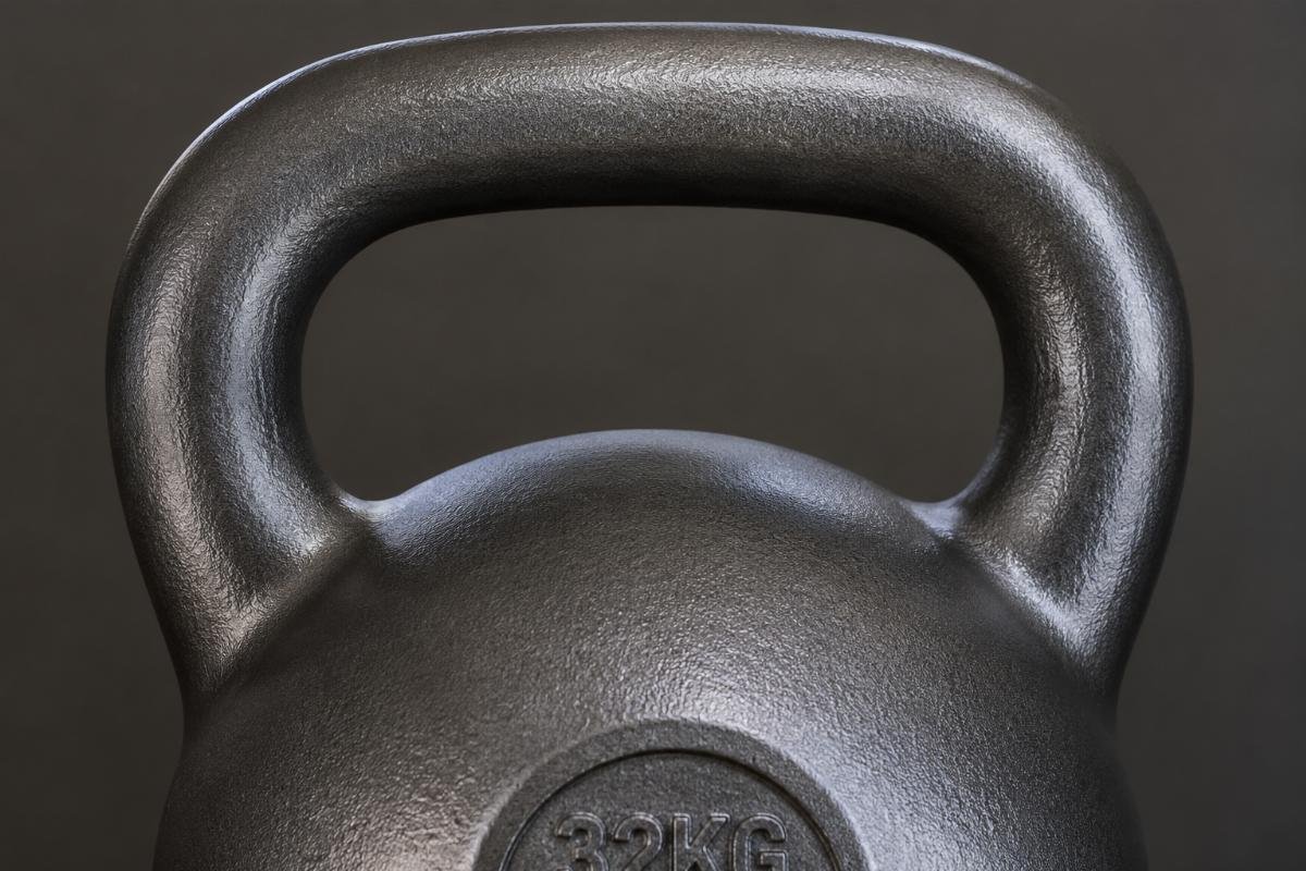 Solid steel one-piece competition kettlebell construction Close up of a cast solid steel competition kettlebell showing consistent construction