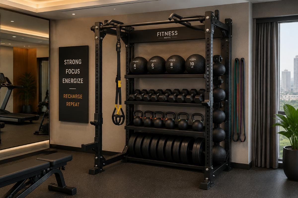 Space efficient rig and storage configuration for small training zones Modular rig and storage rack installed in a compact hotel fitness center