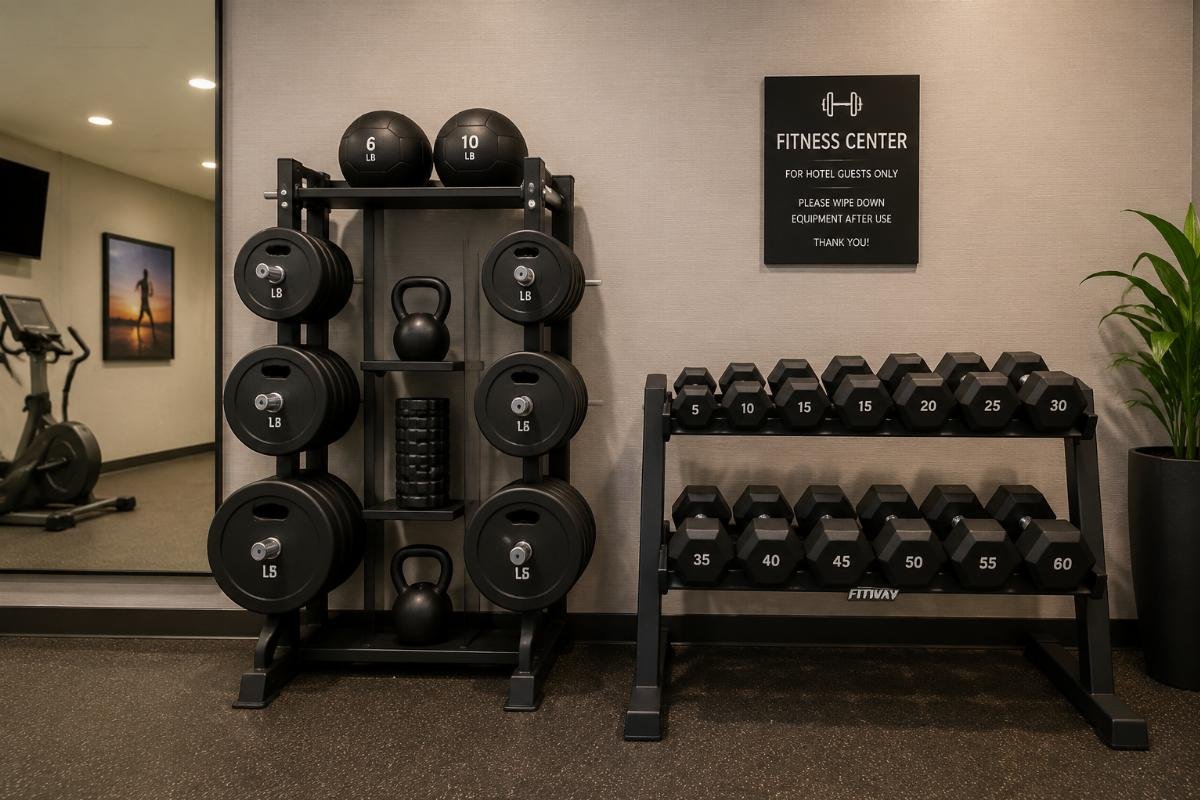 space-efficient storage for small fitness facilities Compact matched weight storage and dumbbell rack set in a small hotel fitness center