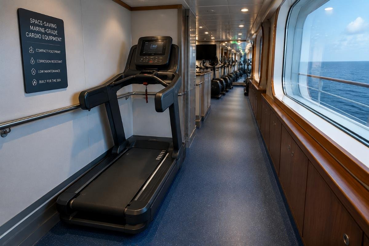 Space-saving cruise ship gym cardio equipment design Compact marine-grade treadmill installed in a narrow cruise ship gym corridor