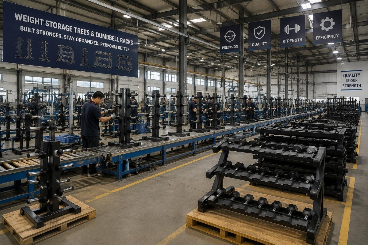 specialized production facility for fitness storage solutions Factory production line for weight storage trees and dumbbell racks