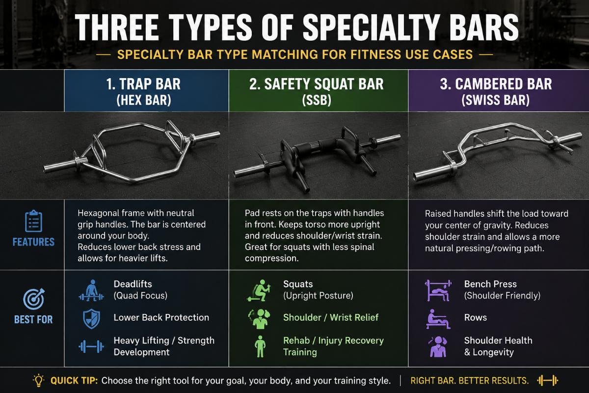Specialty bar type matching for fitness use cases Three types of specialty bars (trap bar, safety squat bar, cambered bar) displayed side by side