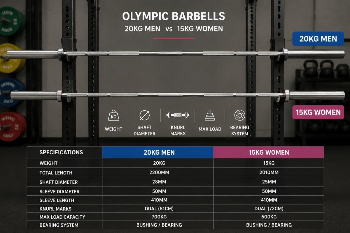 Standard 20kg men and 15kg women Olympic barbell specifications Two side-by-side Olympic barbells, one labeled 20kg men and one 15kg women, placed on a gym rack