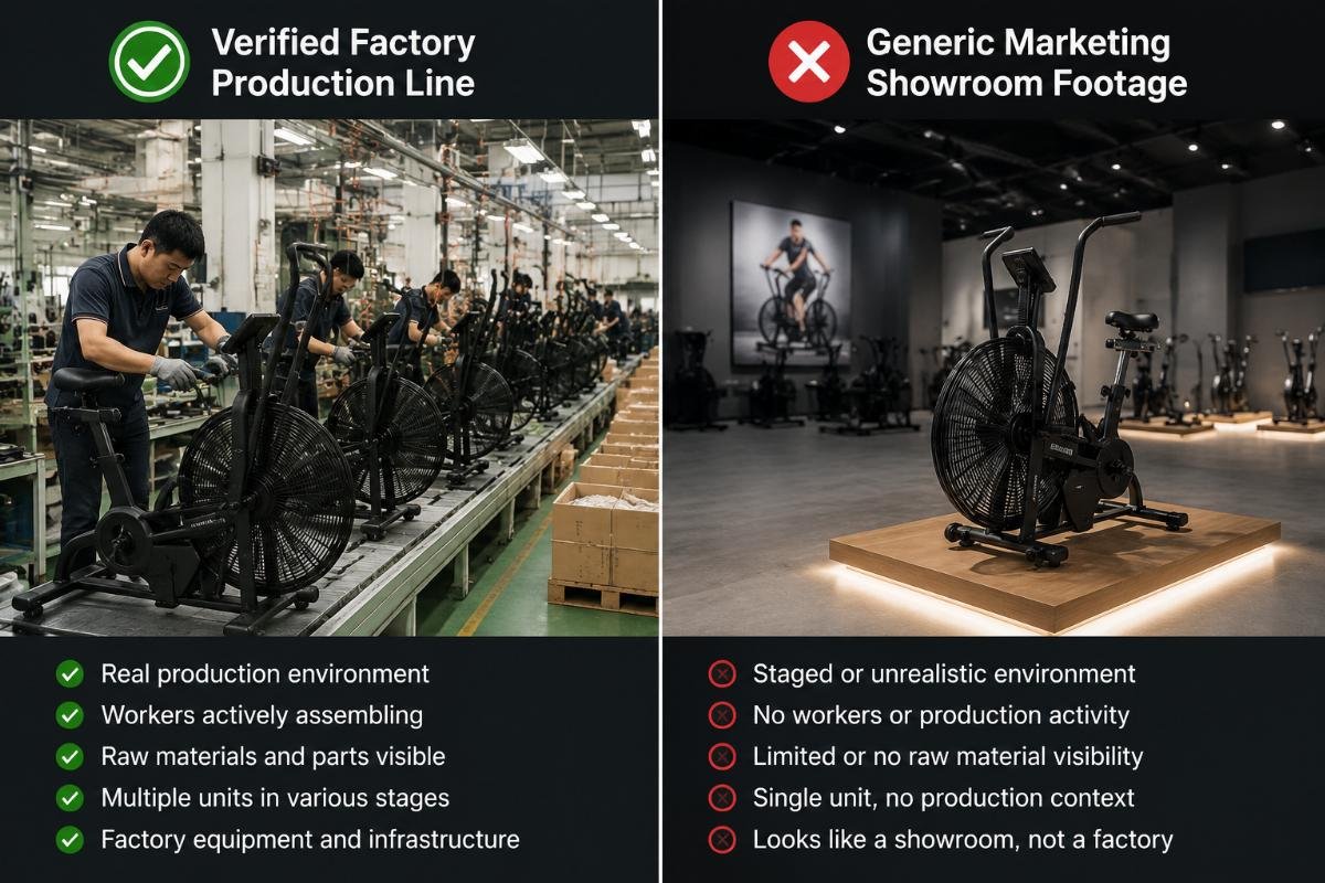 supplier due diligence for air bike sourcing A side-by-side comparison of a verified factory production line vs generic marketing showroom footage