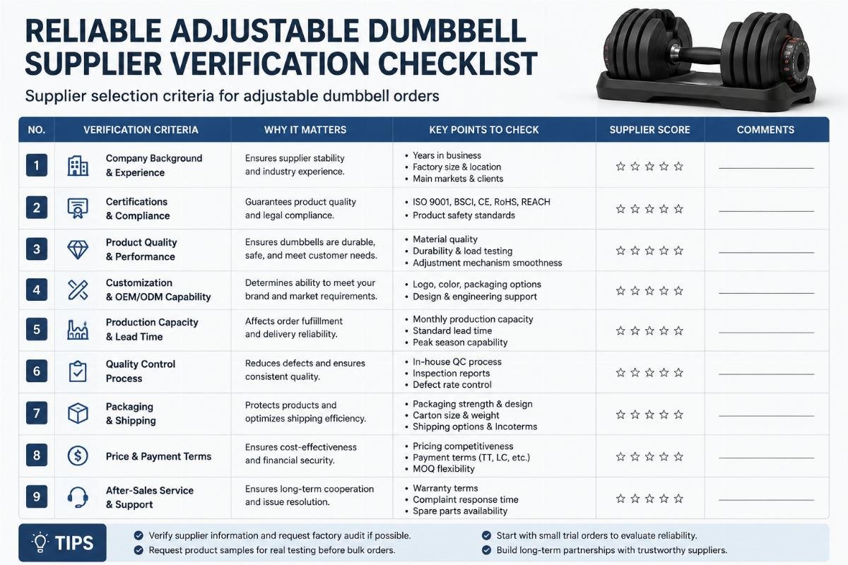Supplier selection criteria for adjustable dumbbell orders Reliable adjustable dumbbell supplier verification checklist