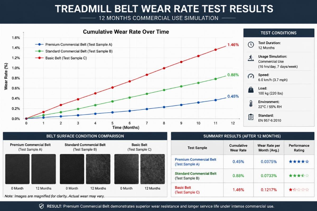 Treadmill belt wear rate test results for commercial operations Treadmill belt performance test data chart showing wear rates across 12 months of commercial use